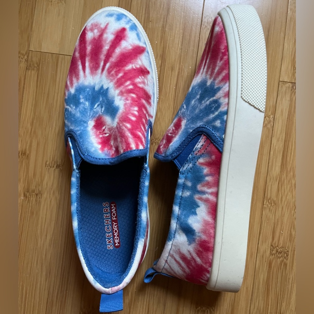 Sketchers red white & blue tie dye slip ons